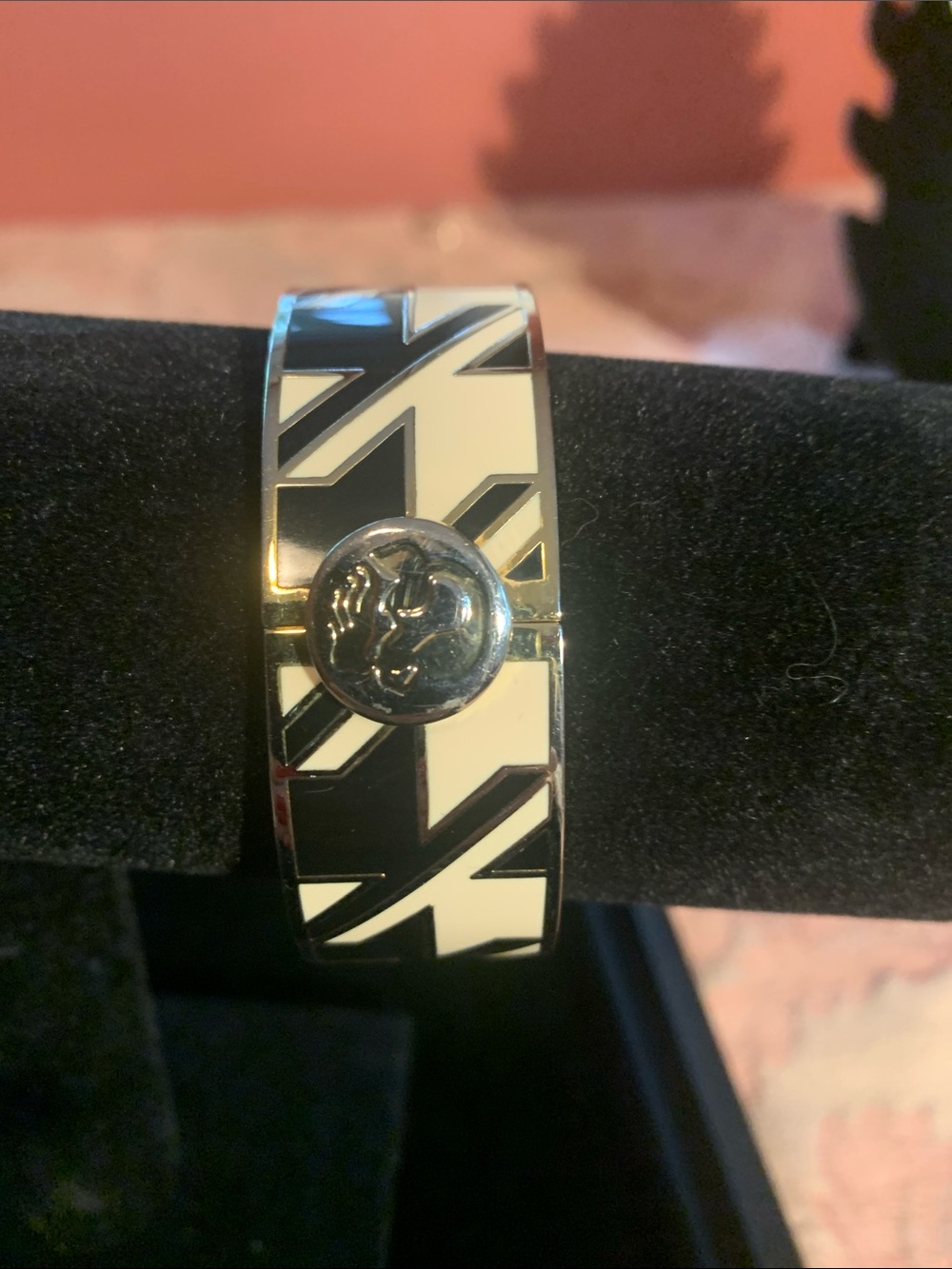 Spartina 449 Black and Cream Enamel Geometric Bangle with Silver Medallion